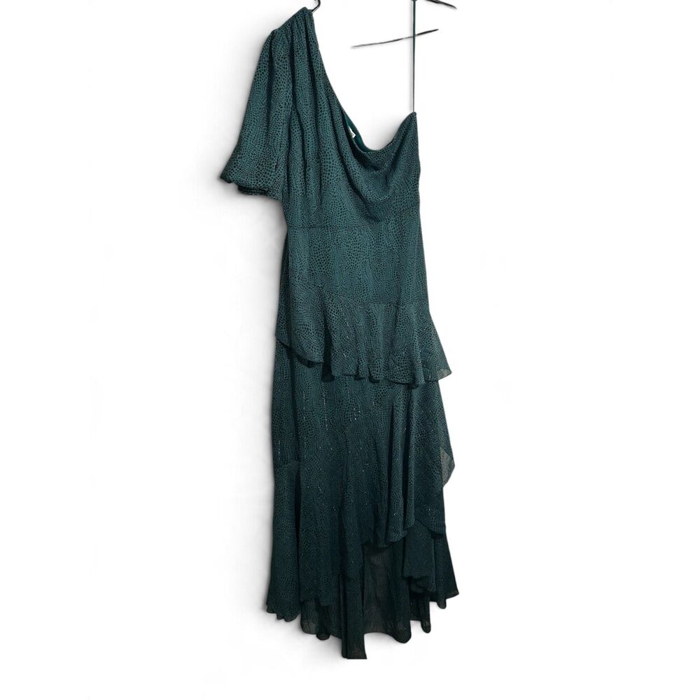 Womens Dark Teal Metallic Dot One Shoulder Tiered High Low Maxi Dress